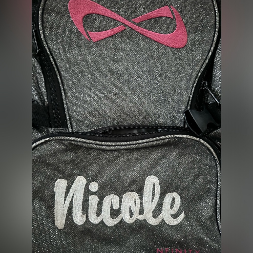 nfinity cheer backpack gray and pink (nicole on it)
